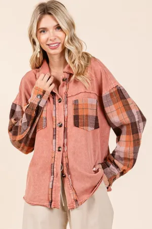 Terracotta Button Down Contrast Plaid Patchwork Shacket