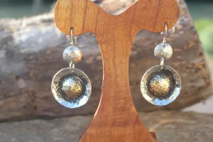 TEXTURED AND DOMED DANGLE STERLING & RED BRASS EARRING