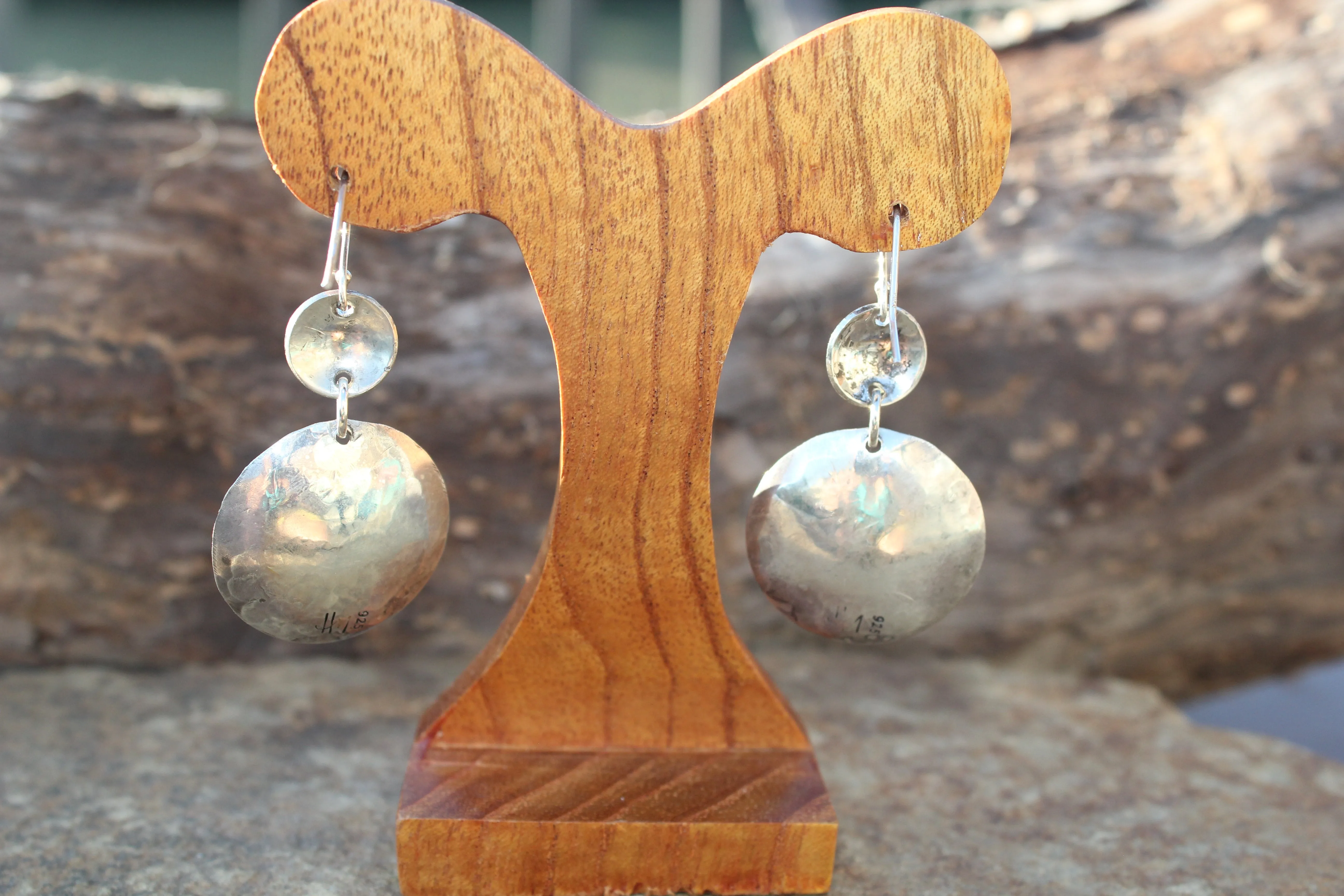 TEXTURED AND DOMED DANGLE STERLING & RED BRASS EARRING