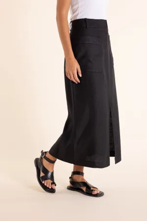 Textured Linen Midi Skirt - Black