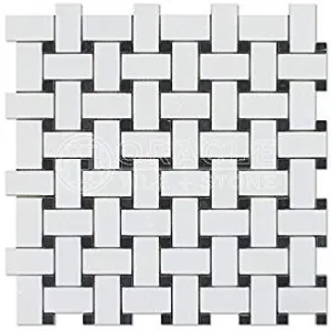 Thassos White Greek Marble Basketweave Mosaic Tile with Black Marble Dots, Polished