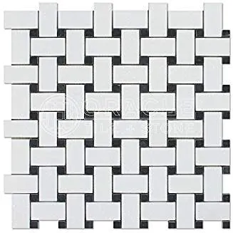 Thassos White Greek Marble Basketweave Mosaic Tile with Black Marble Dots, Polished