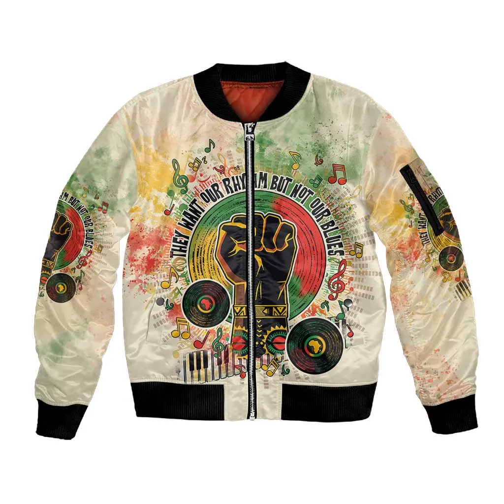 They Want Our Rhythm Not Our Blues Sleeve Zip Bomber Jacket Afro Pride Music DT03