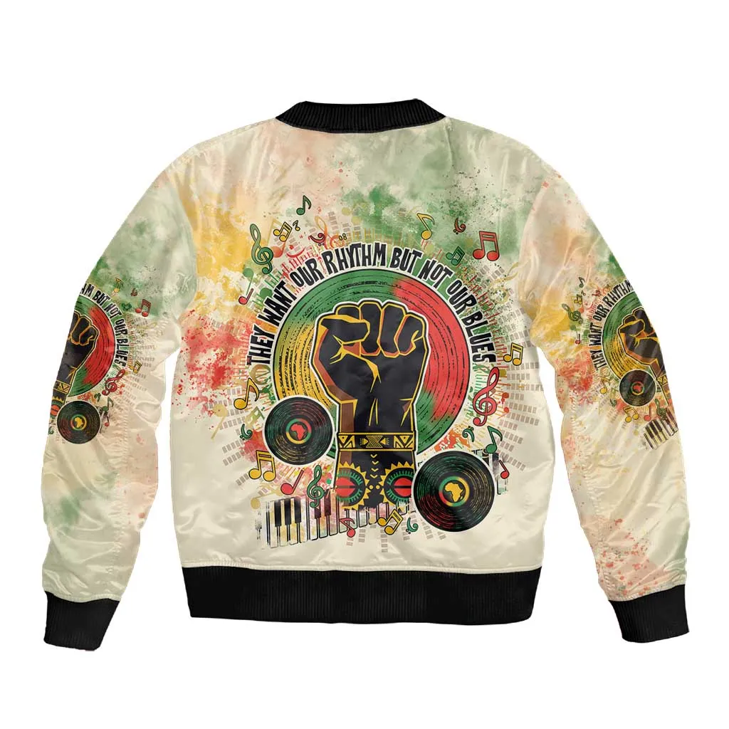 They Want Our Rhythm Not Our Blues Sleeve Zip Bomber Jacket Afro Pride Music DT03