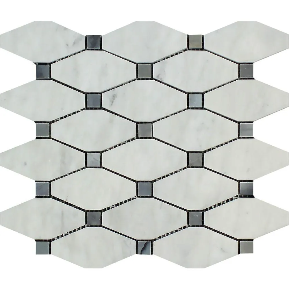 Tilefornia Italian Carrara White Marble Octave w/Blue/Gray Marble Mosaic Tile Polished/Honed