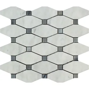 Tilefornia Italian Carrara White Marble Octave w/Blue/Gray Marble Mosaic Tile Polished/Honed