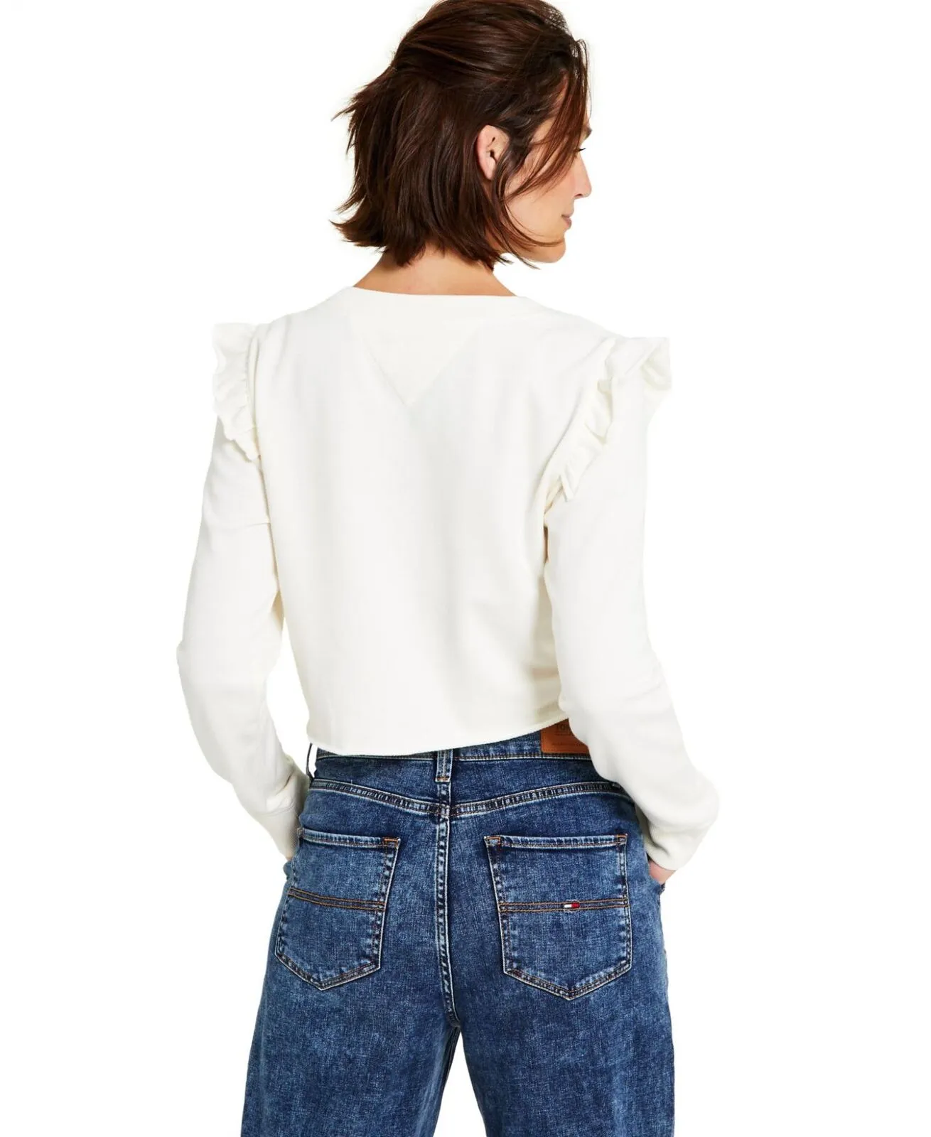 Tommy Jeans Women's Cropped Ruffle-Trim Sweatshirt T2FH0EAZ Egret White XL