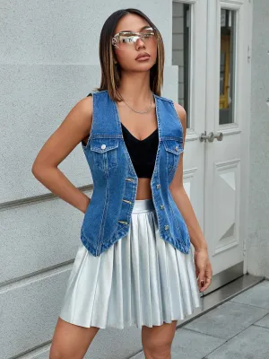 Trendy Tailored Button-Up Slim Fit Denim Vest with Pocket Details