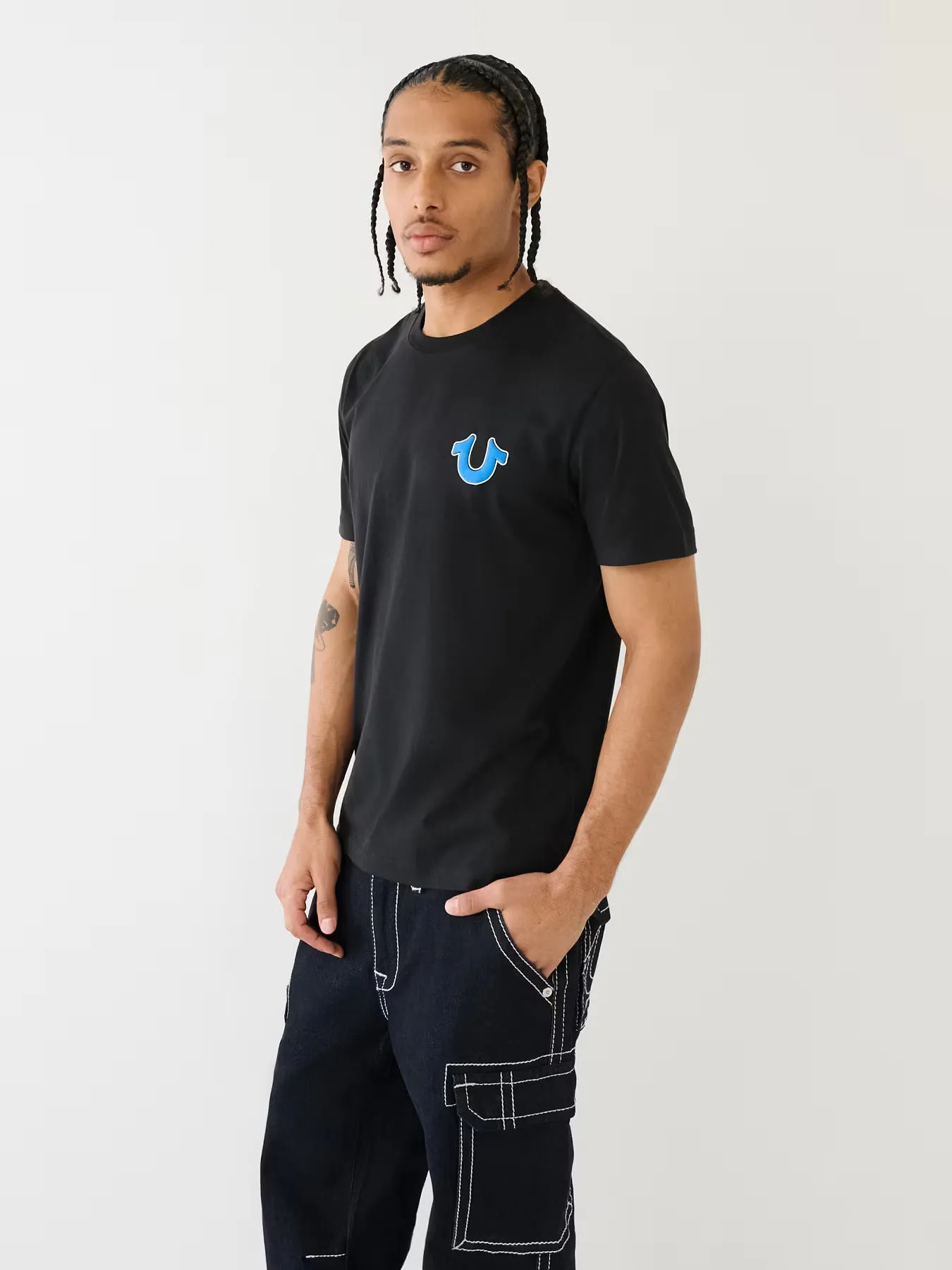 True Religion Men Black Printed Round Neck Short Sleeves T-Shirt