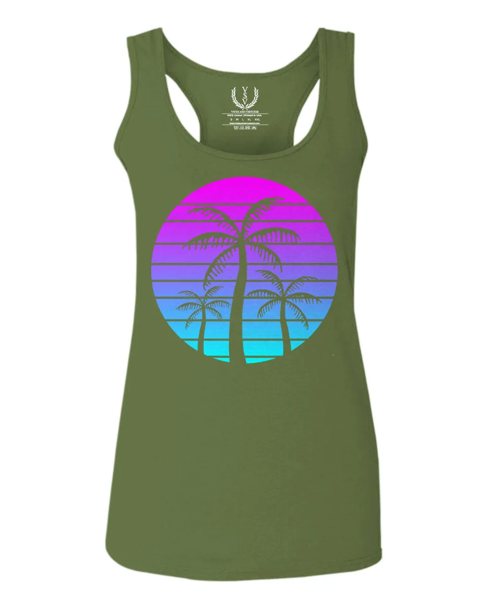 Vaporwave Palm Trees Aesthetics Art Beach surf Sunset  women's Tank Top sleeveless Racerback