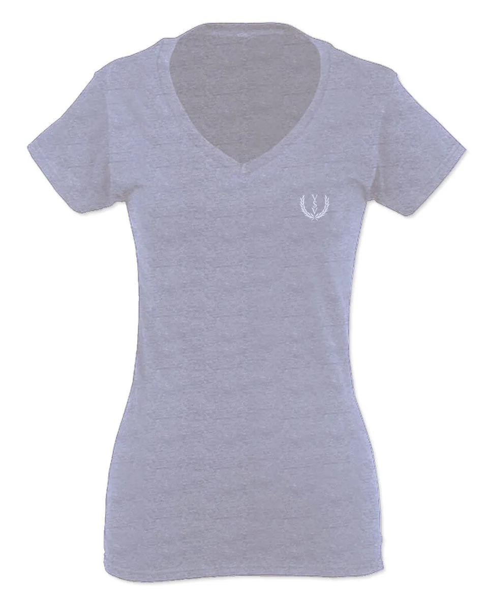 VICES AND VIRTUESS White Logo Seal Minimal Hipster Small For Women V neck fitted T Shirt