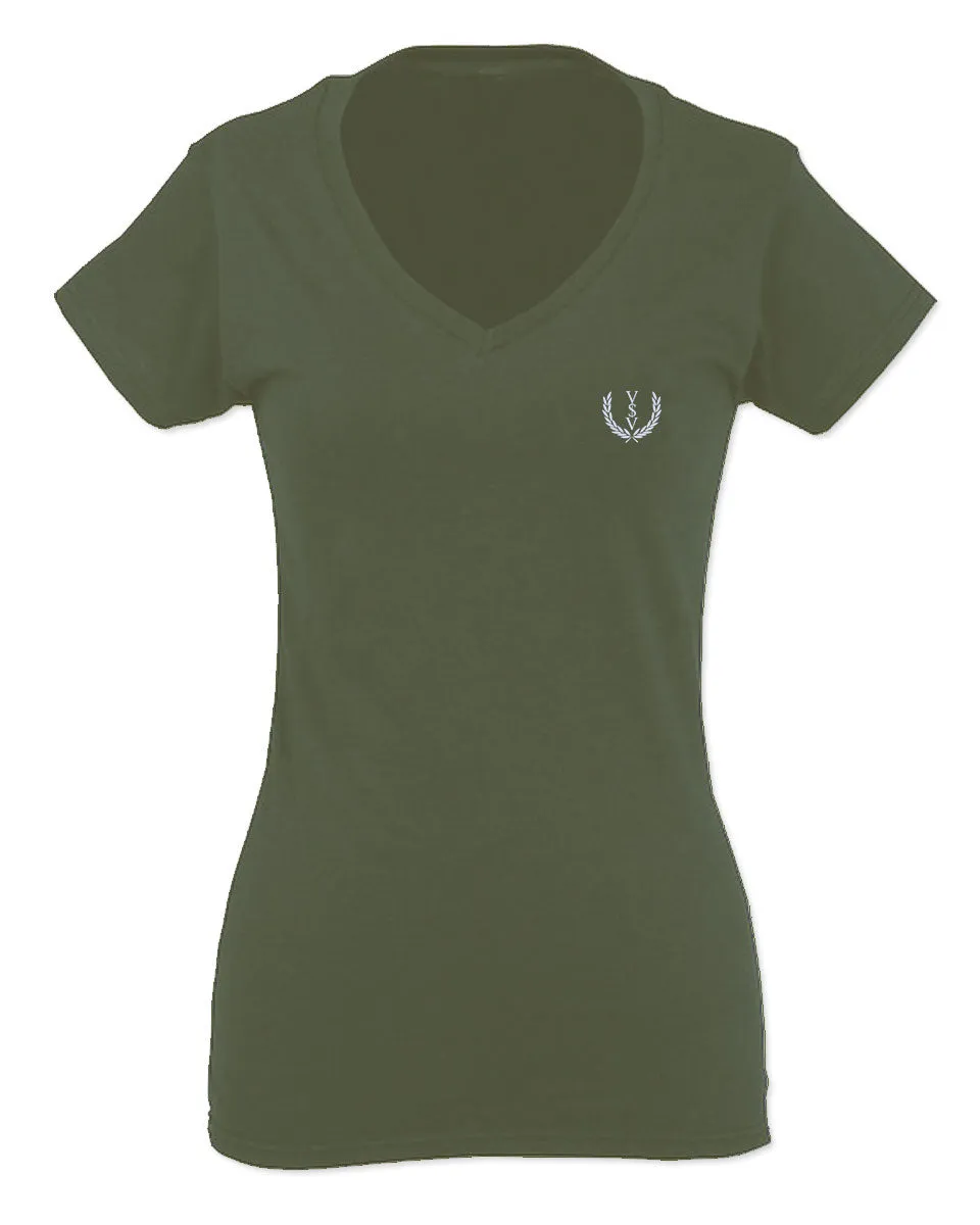 VICES AND VIRTUESS White Logo Seal Minimal Hipster Small For Women V neck fitted T Shirt