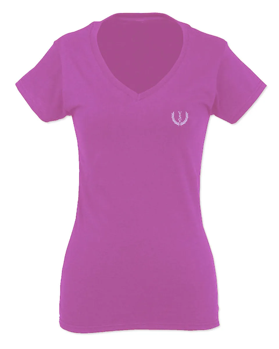 VICES AND VIRTUESS White Logo Seal Minimal Hipster Small For Women V neck fitted T Shirt