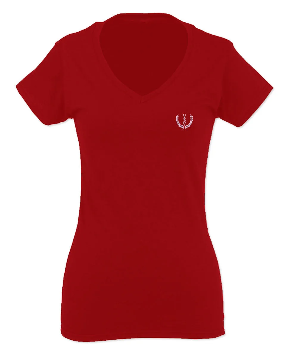 VICES AND VIRTUESS White Logo Seal Minimal Hipster Small For Women V neck fitted T Shirt