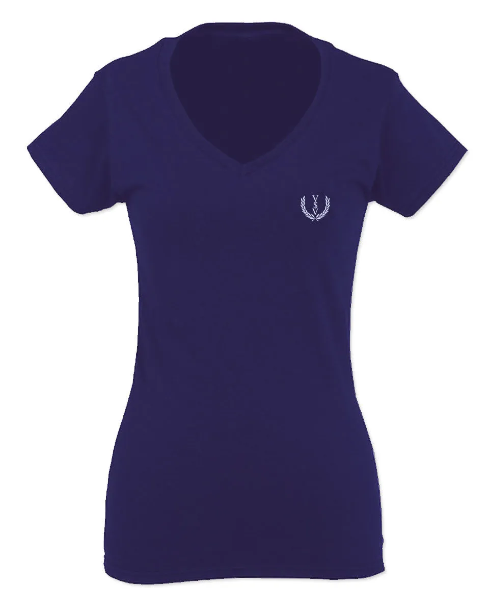 VICES AND VIRTUESS White Logo Seal Minimal Hipster Small For Women V neck fitted T Shirt