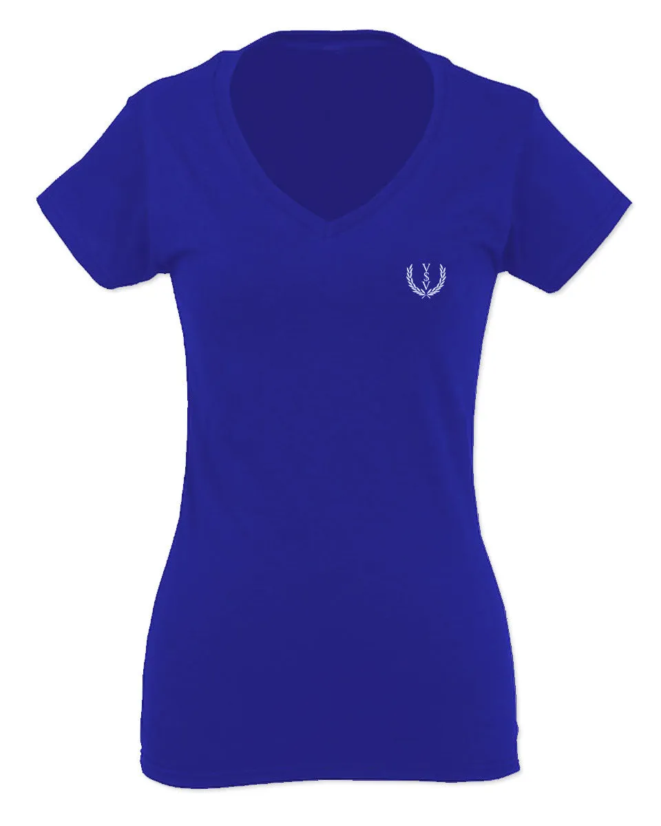 VICES AND VIRTUESS White Logo Seal Minimal Hipster Small For Women V neck fitted T Shirt