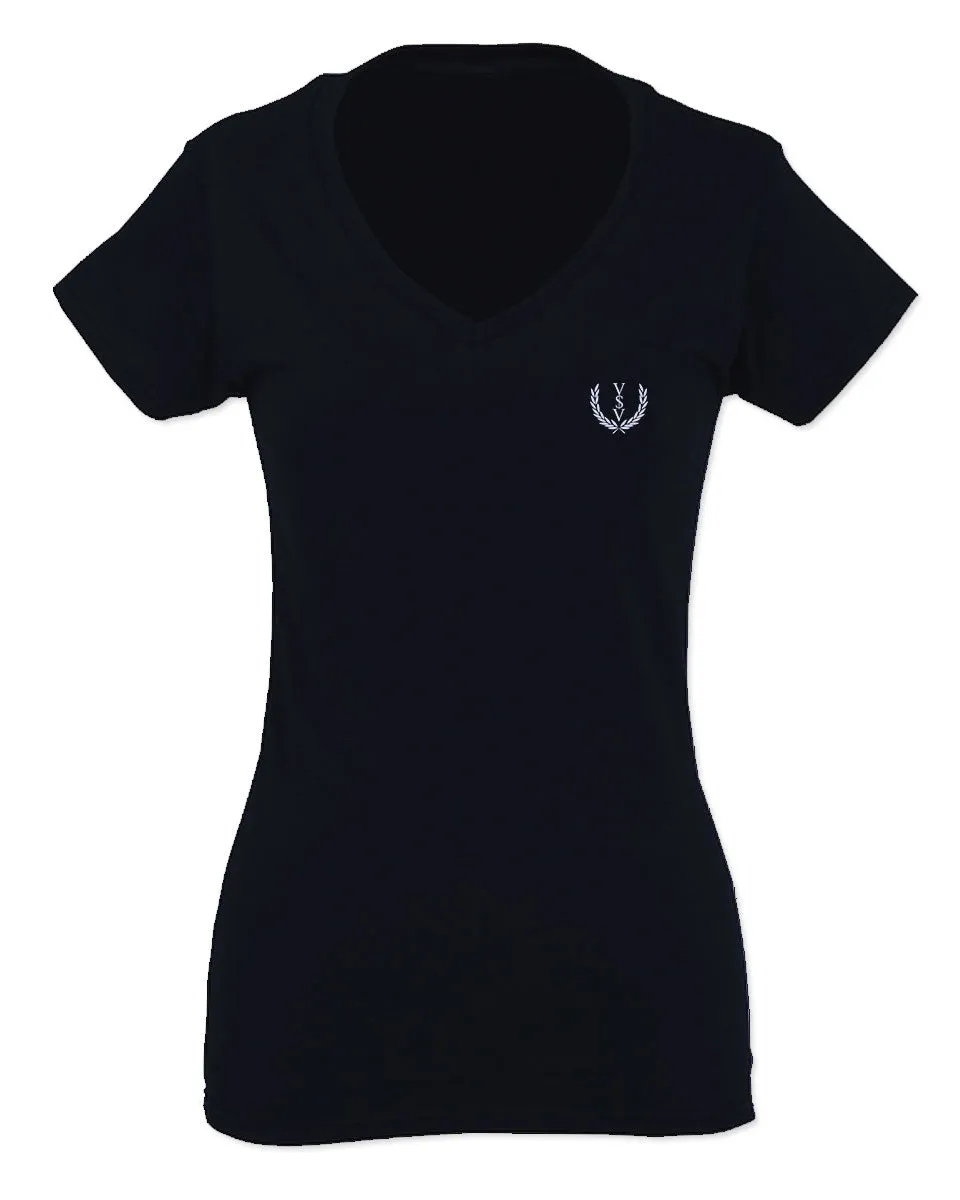VICES AND VIRTUESS White Logo Seal Minimal Hipster Small For Women V neck fitted T Shirt