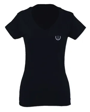 VICES AND VIRTUESS White Logo Seal Minimal Hipster Small For Women V neck fitted T Shirt