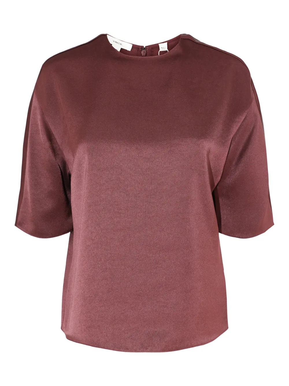 Vince Fluid Satin Short Sleeve Blouse in Black Rose