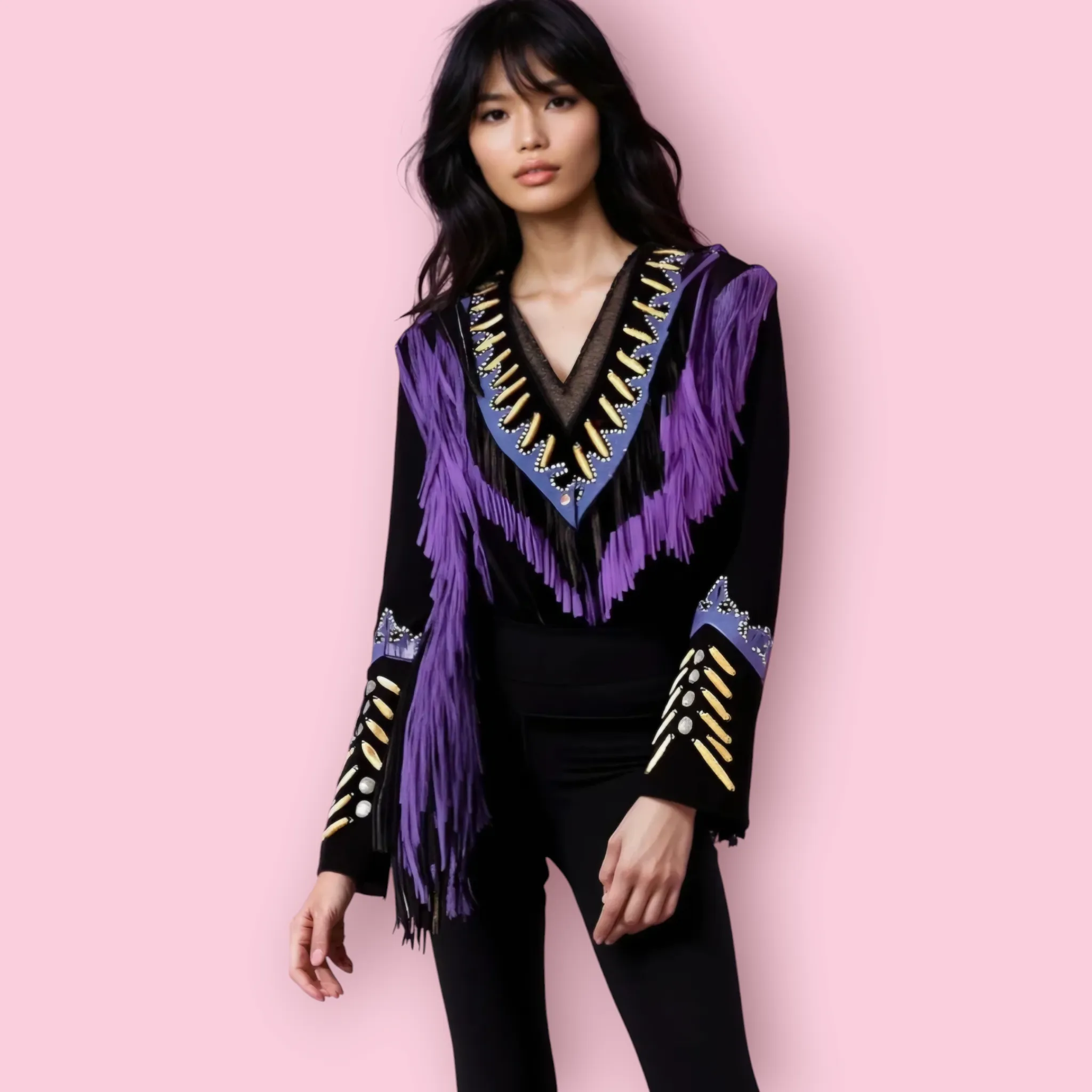 VINTAGE APACHE STYLE SUEDE LEATHER FRINGED JACKETS WITH EMBELLISHMENTS - IMPORTED FROM US