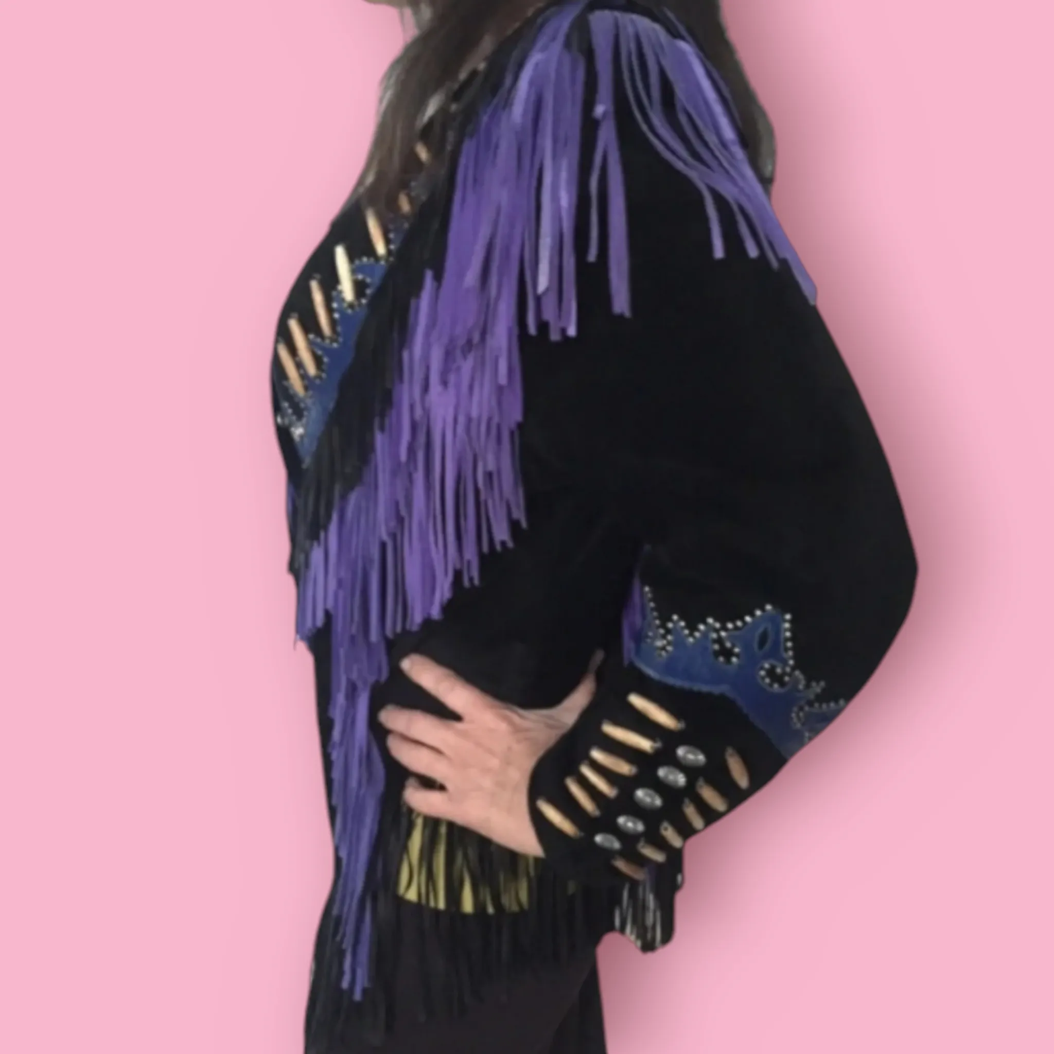 VINTAGE APACHE STYLE SUEDE LEATHER FRINGED JACKETS WITH EMBELLISHMENTS - IMPORTED FROM US