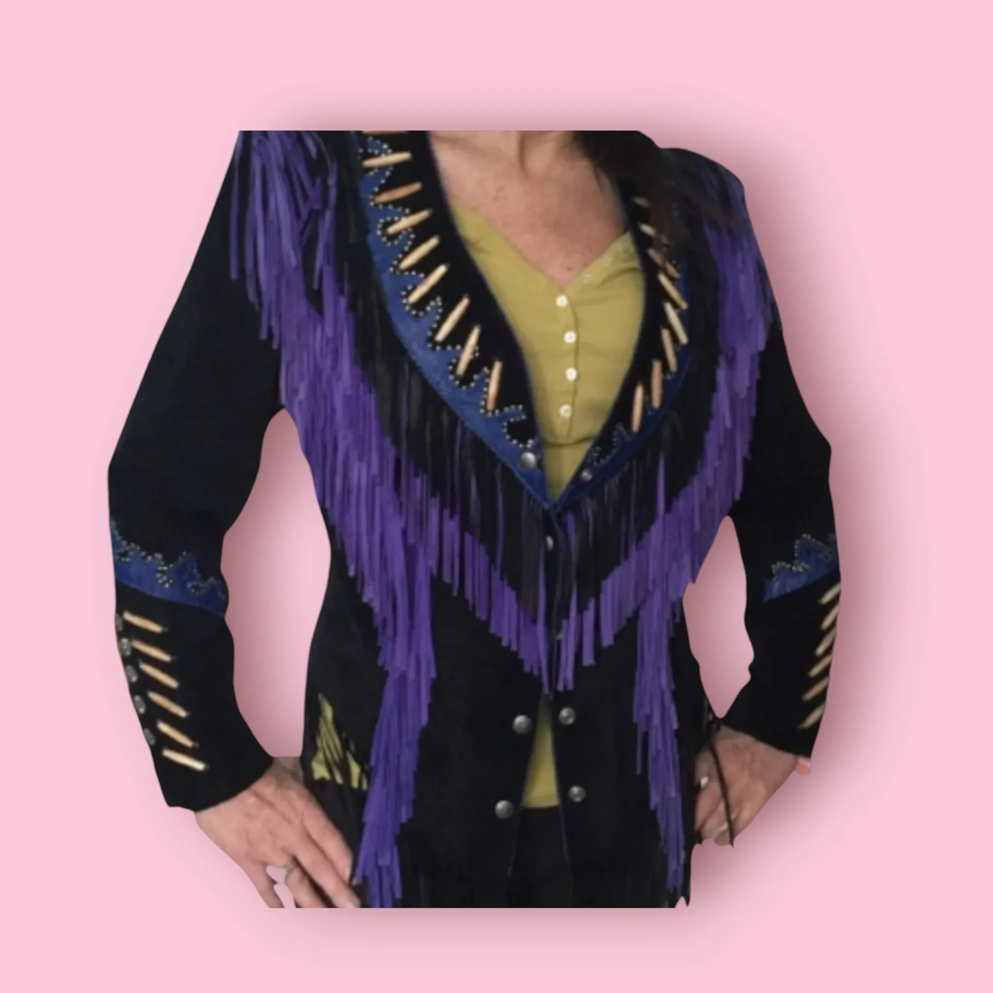 VINTAGE APACHE STYLE SUEDE LEATHER FRINGED JACKETS WITH EMBELLISHMENTS - IMPORTED FROM US