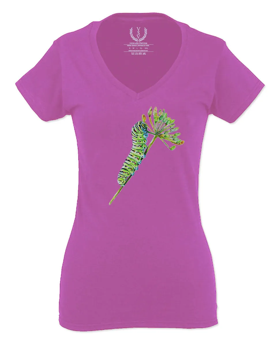 Vintage Caterpillar Paint Floral Retro Graphic For Women V neck fitted T Shirt