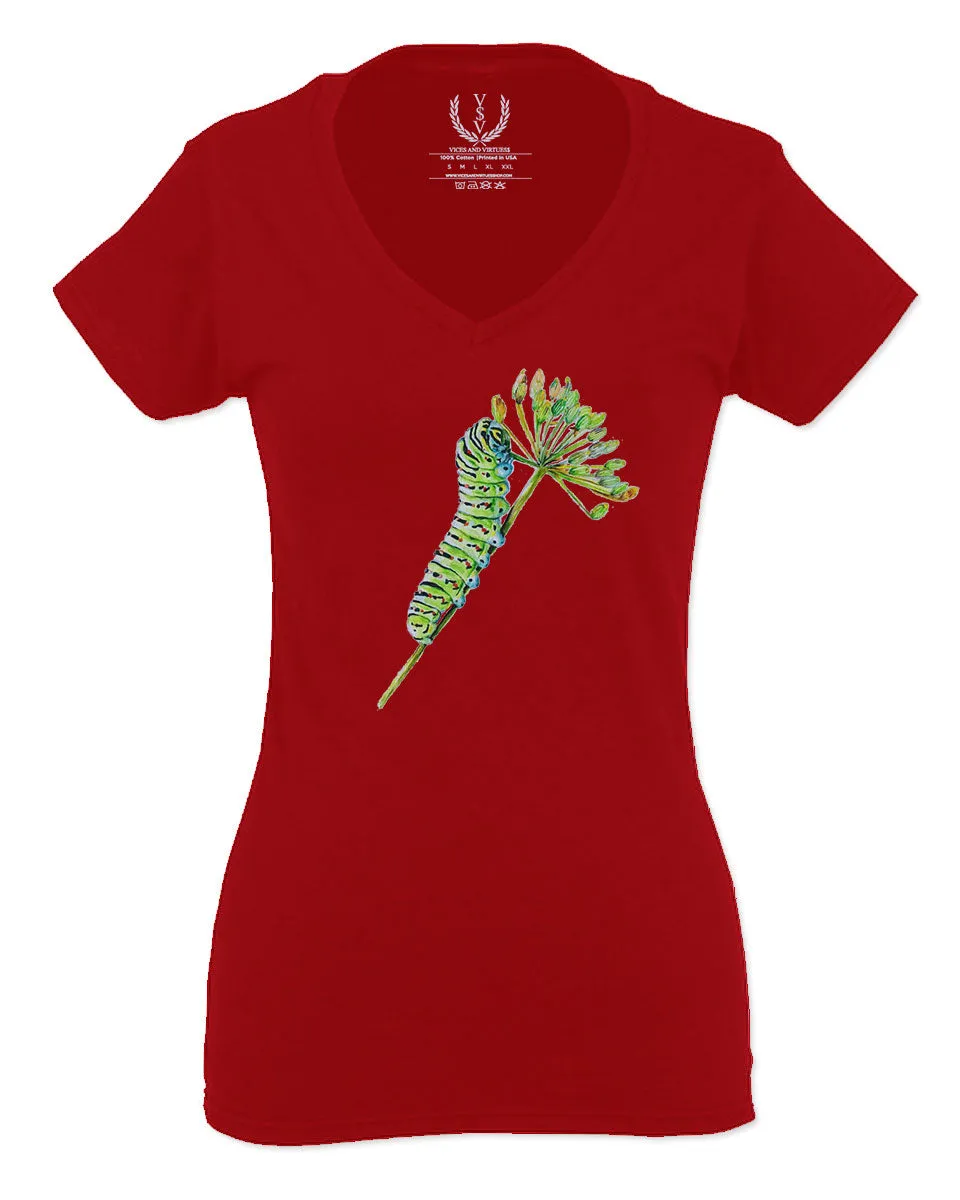 Vintage Caterpillar Paint Floral Retro Graphic For Women V neck fitted T Shirt