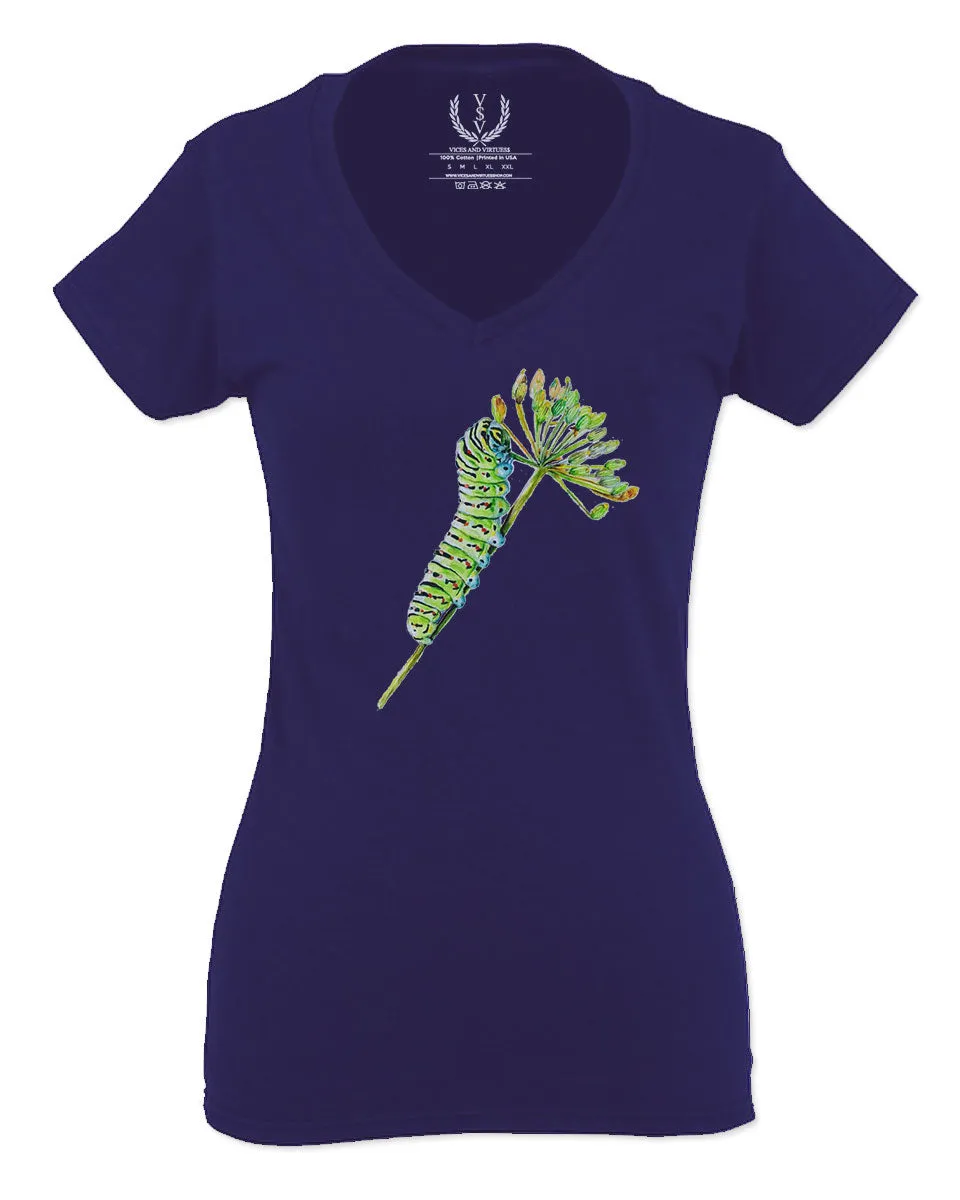 Vintage Caterpillar Paint Floral Retro Graphic For Women V neck fitted T Shirt