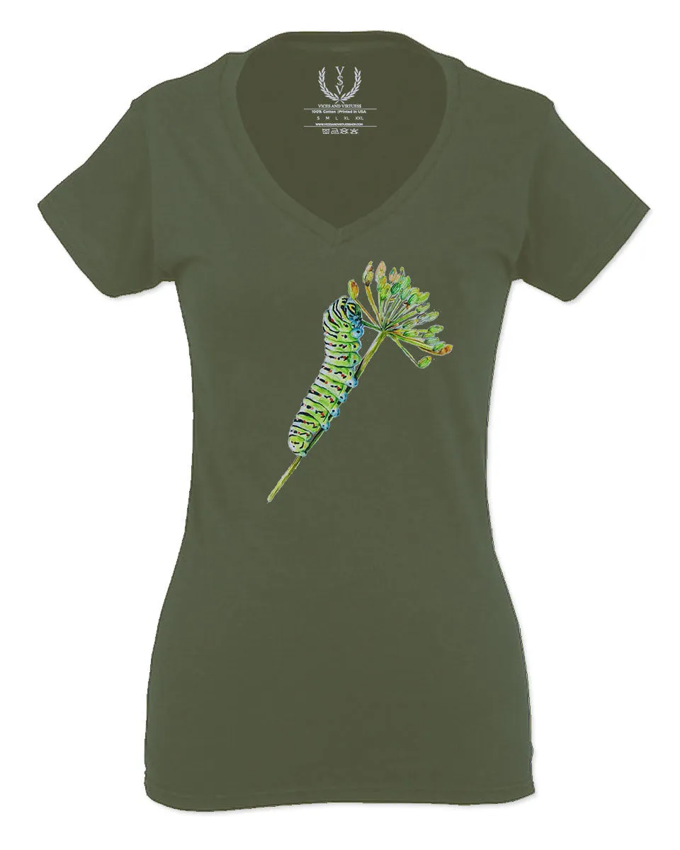 Vintage Caterpillar Paint Floral Retro Graphic For Women V neck fitted T Shirt