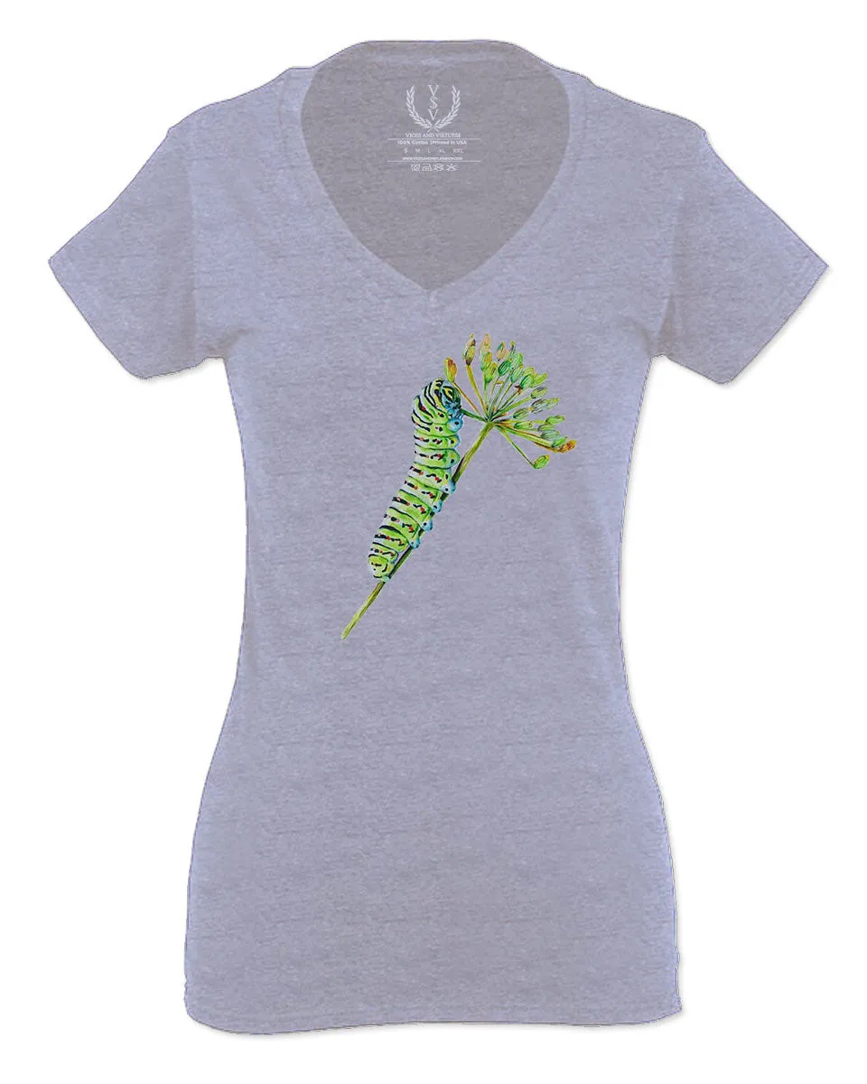 Vintage Caterpillar Paint Floral Retro Graphic For Women V neck fitted T Shirt