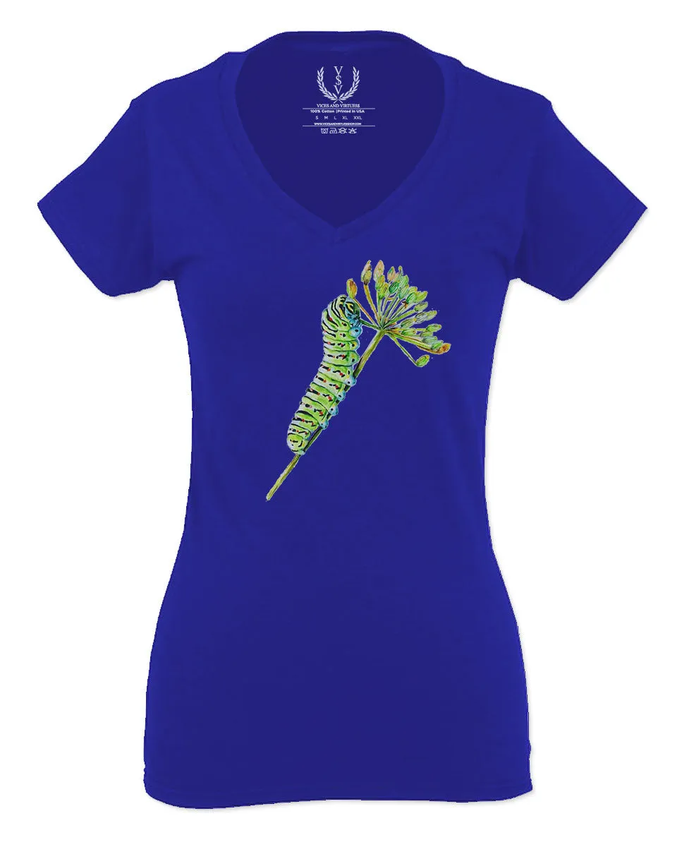 Vintage Caterpillar Paint Floral Retro Graphic For Women V neck fitted T Shirt