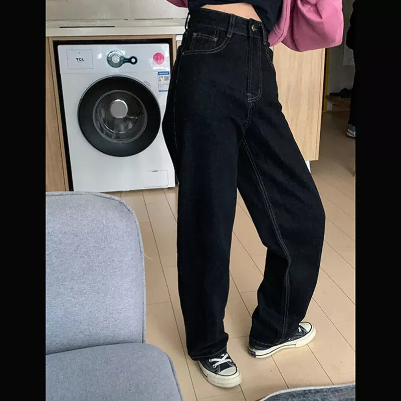 Vintage High Waist Women's Black Jeans Streetwear Fashion Wide Leg Jeans Denim Trousers Straight Baggy Pants