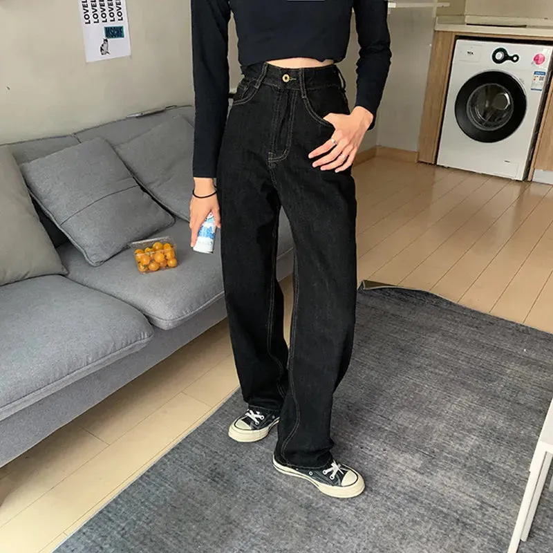 Vintage High Waist Women's Black Jeans Streetwear Fashion Wide Leg Jeans Denim Trousers Straight Baggy Pants