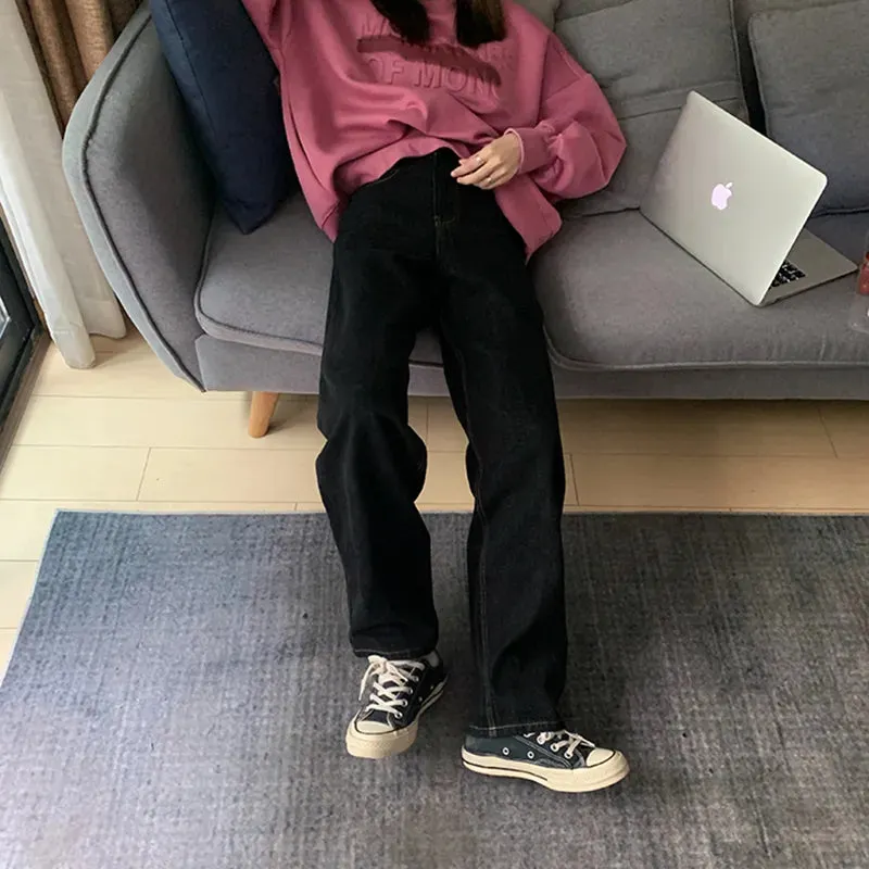 Vintage High Waist Women's Black Jeans Streetwear Fashion Wide Leg Jeans Denim Trousers Straight Baggy Pants
