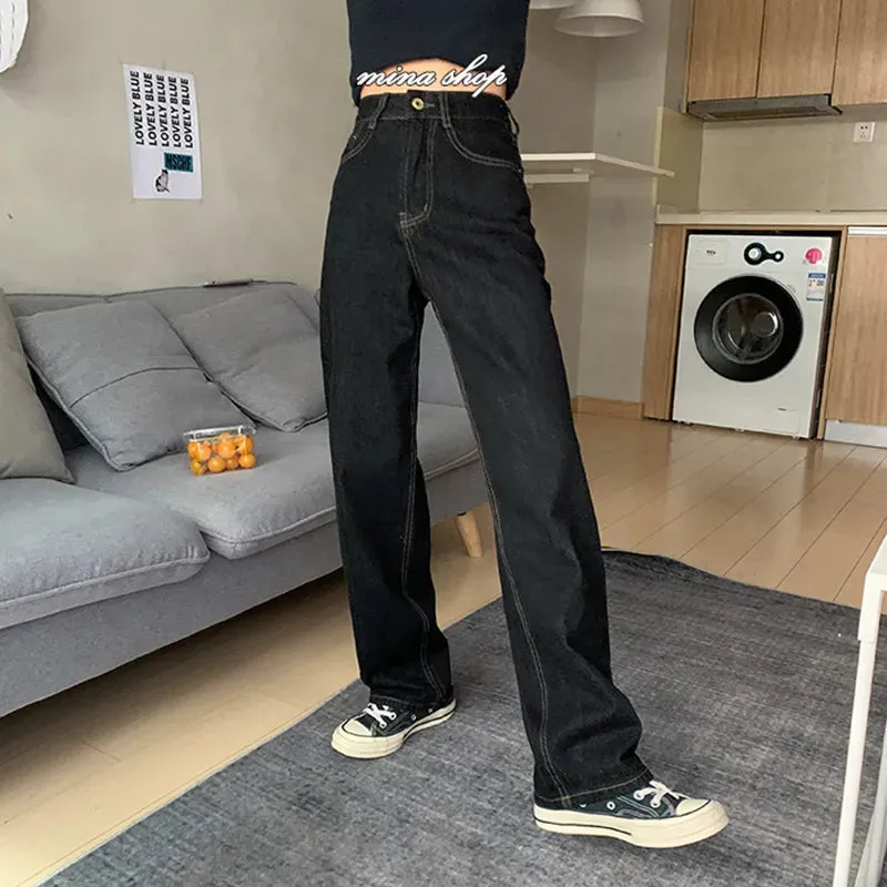 Vintage High Waist Women's Black Jeans Streetwear Fashion Wide Leg Jeans Denim Trousers Straight Baggy Pants
