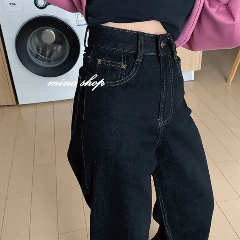 Vintage High Waist Women's Black Jeans Streetwear Fashion Wide Leg Jeans Denim Trousers Straight Baggy Pants