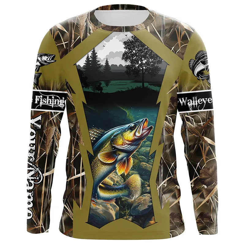 Walleye Fishing camo Customize name fishing long sleeve shirts, personalized fishing gifts NPQ309
