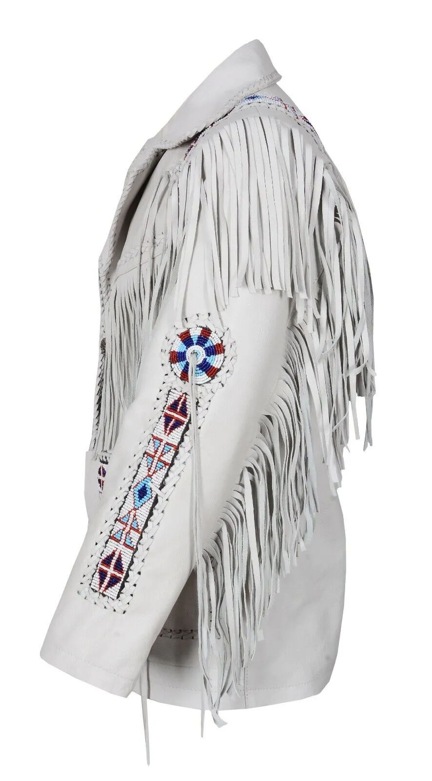 Western White Leather Fringe Beaded Jacket for Men MWJ453