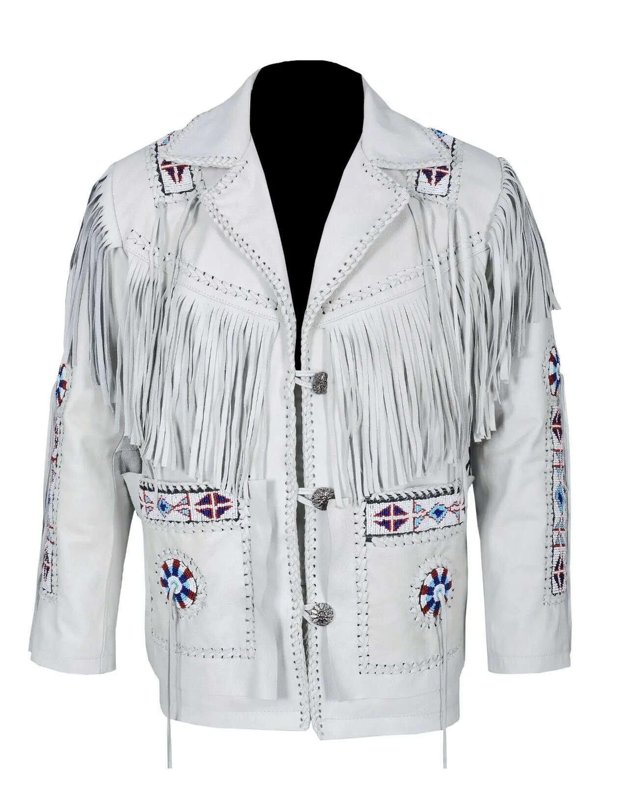 Western White Leather Fringe Beaded Jacket for Men MWJ453