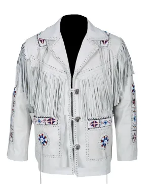 Western White Leather Fringe Beaded Jacket for Men MWJ453