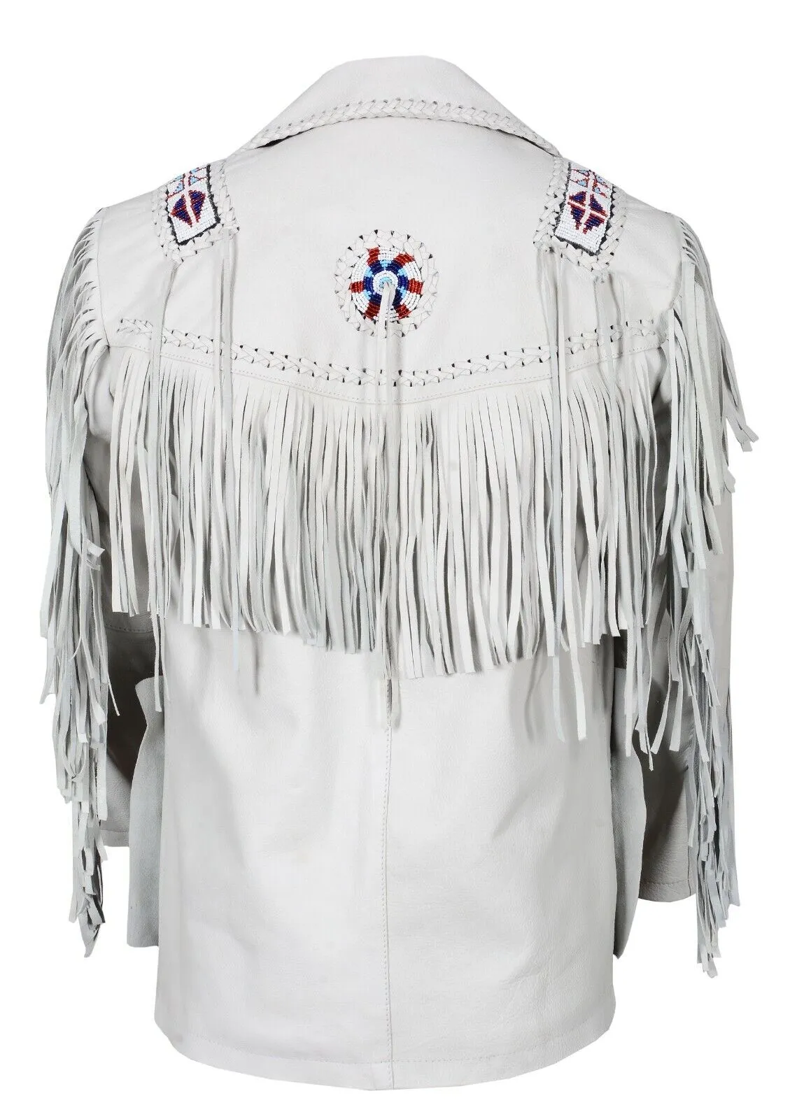 Western White Leather Fringe Beaded Jacket for Men MWJ453