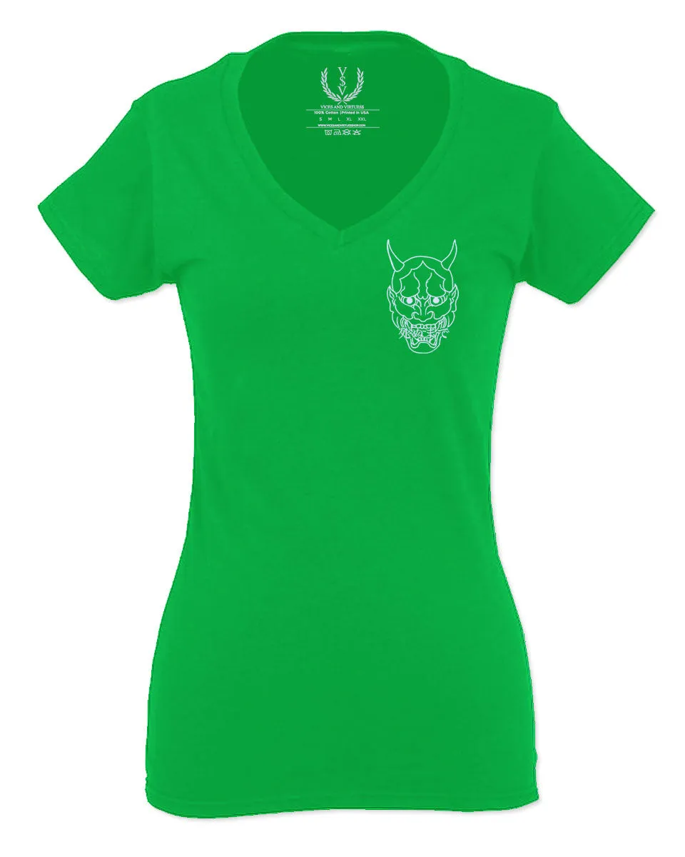 White Demon Hannya Graphic Traditional Japanese Till Death Vibes Anime For Women V neck fitted T Shirt