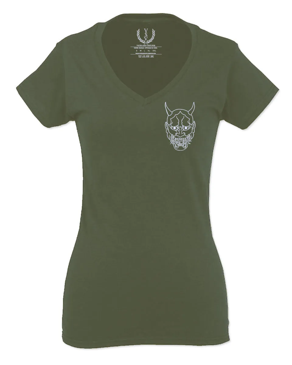 White Demon Hannya Graphic Traditional Japanese Till Death Vibes Anime For Women V neck fitted T Shirt