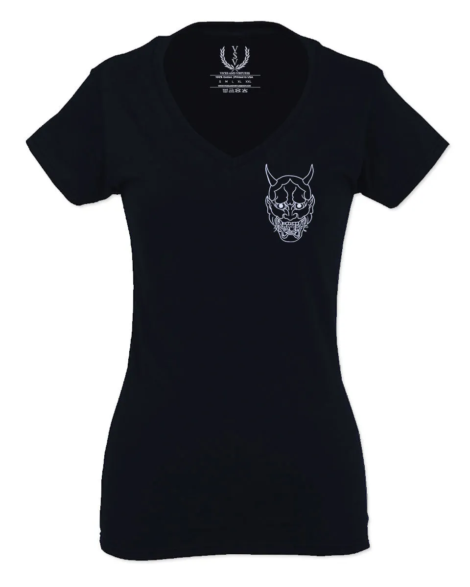 White Demon Hannya Graphic Traditional Japanese Till Death Vibes Anime For Women V neck fitted T Shirt