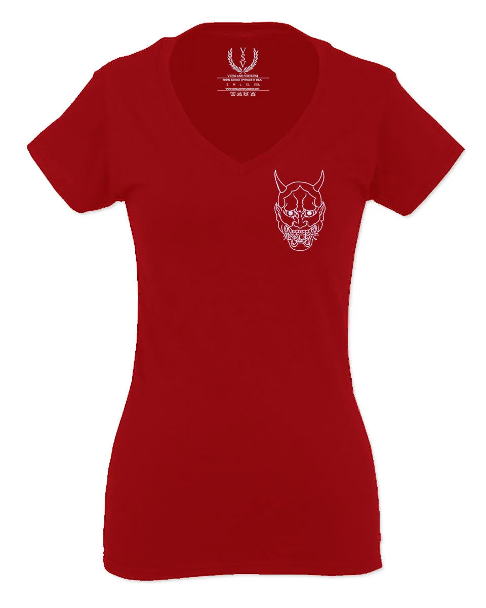 White Demon Hannya Graphic Traditional Japanese Till Death Vibes Anime For Women V neck fitted T Shirt