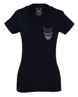 White Demon Hannya Graphic Traditional Japanese Till Death Vibes Anime For Women V neck fitted T Shirt