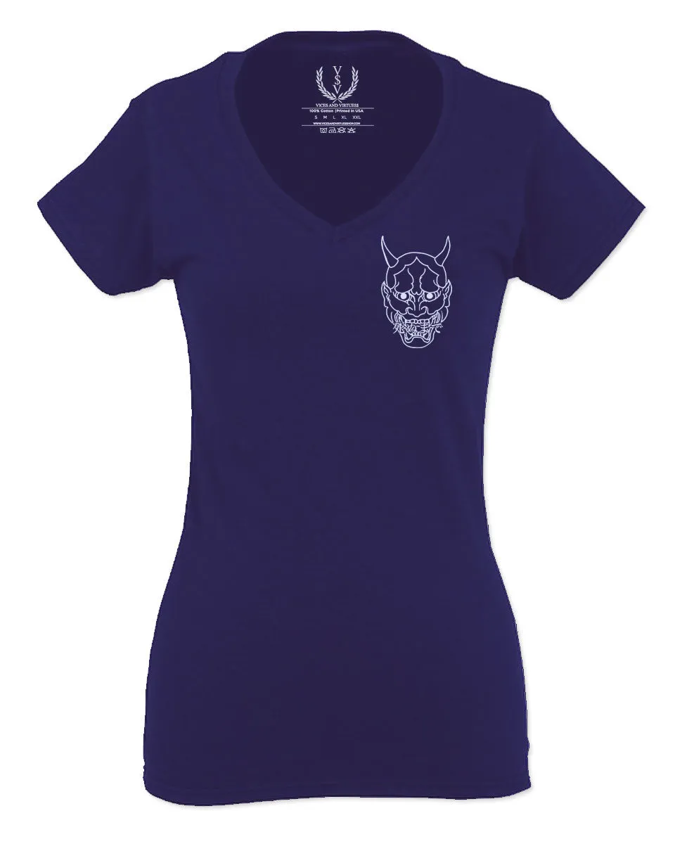 White Demon Hannya Graphic Traditional Japanese Till Death Vibes Anime For Women V neck fitted T Shirt