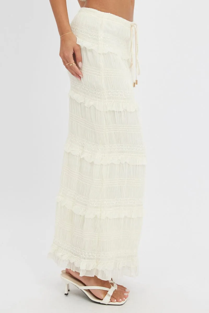 White Maxi Skirt Elastic Waistband Ruffle Textured