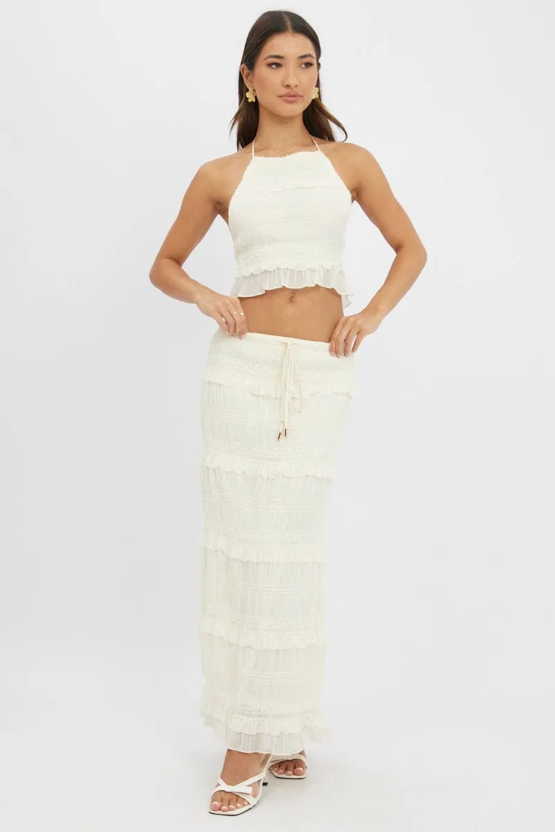 White Maxi Skirt Elastic Waistband Ruffle Textured